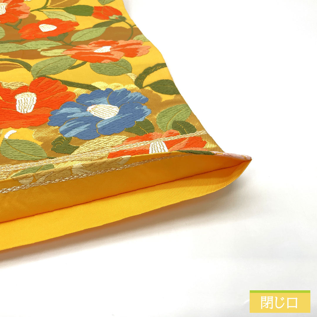 袋帯 正絹 Sランク 黄支子色(きくちなしいろ) 西陣織 唐織 椿 帯丈424cm 六通 フォーマル 黄系 1123017062323