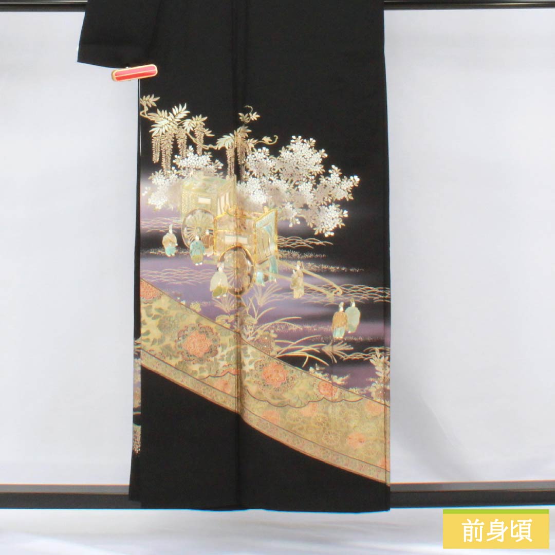 黒留袖 正絹 Aランク 身丈154.5cm 裄丈64cm 袷 金彩 五つ紋 丸に須浜 御所車 菊 桜 萩 五つ紋 黒系 1111001893210