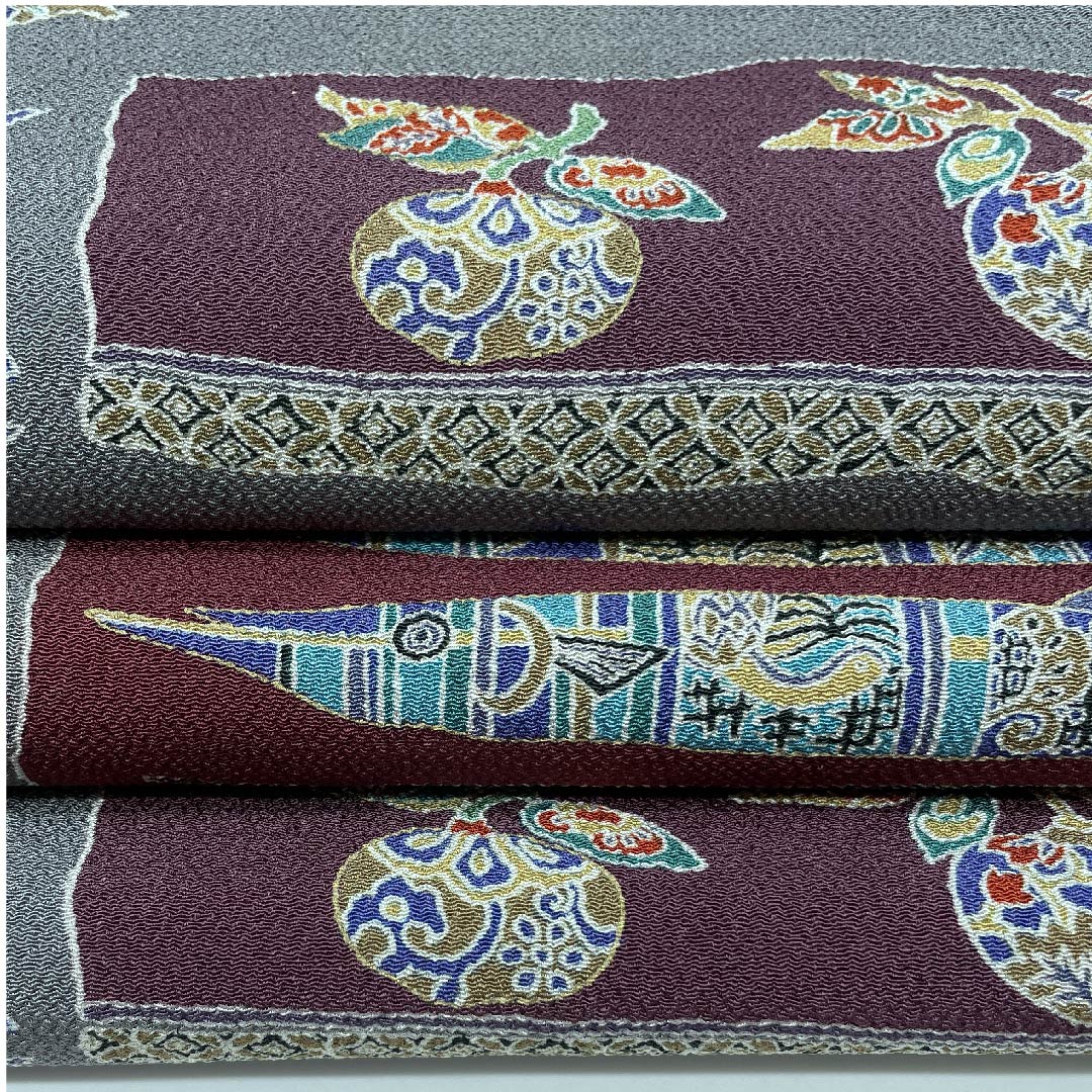 名古屋帯 藍生壁色 魚 野菜 更紗 帯丈375cm 正絹 Sランク 全通 カジュアル グレー系 1124004962322 名古屋仕立て
