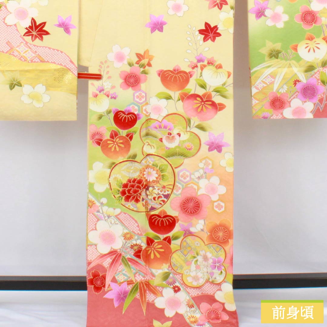 振袖 正絹 Aランク 身丈170cm 裄丈68cm 袷 淡黄色(たんこうしょく) 京友禅 吉祥文様 桜 橘 菊 黄系 1113002613623