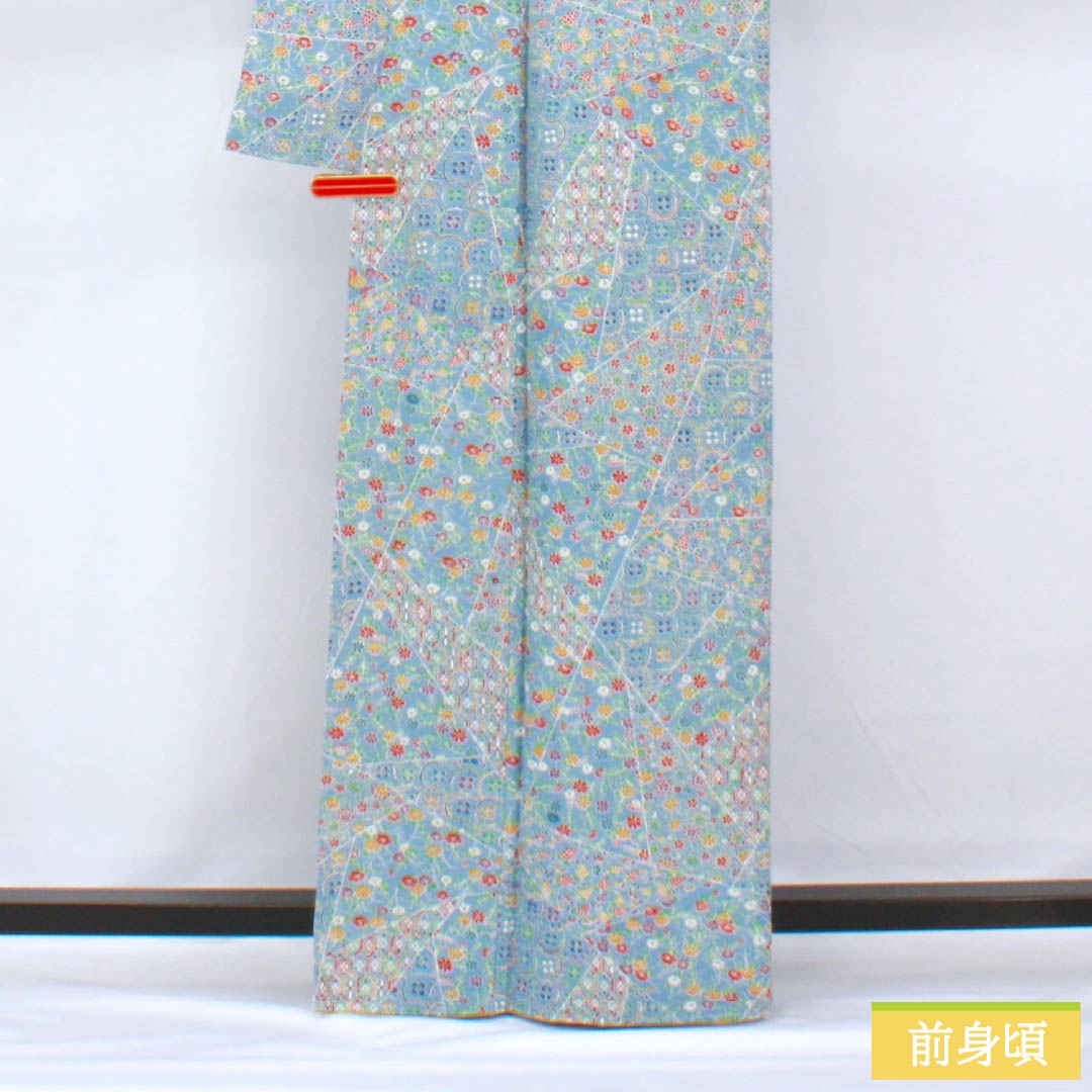 小紋 正絹 身丈164cm 裄丈63.5cm 袷 空色(そらいろ) 型染 割付 しつけ糸付き Sランク 水色系 1115005832424