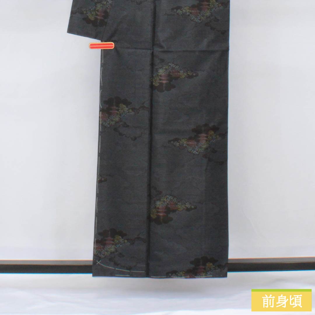 紬 正絹 Sランク 身丈158cm 裄丈62cm 大島紬 横双絣 雲取り 風景 袷 黒系 1116004052310