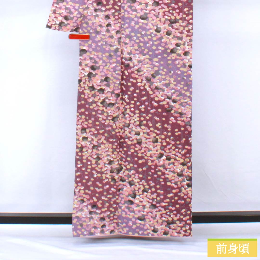 小紋 ポリエステル 身丈161.5cm 裄丈66cm 袷 蒲萄色(えびいろ) 古代紫色(こだいむらさきいろ) 型染 抽象柄 洗える着物 Aランク 紫系 1115005543420