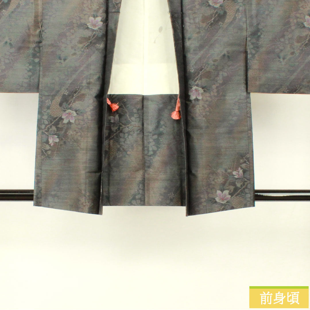 羽織 正絹 身丈80.5cm 裄丈63cm 大島紬 緯総絣 草花模様 Sランク 袷 グレー系 1117001172922