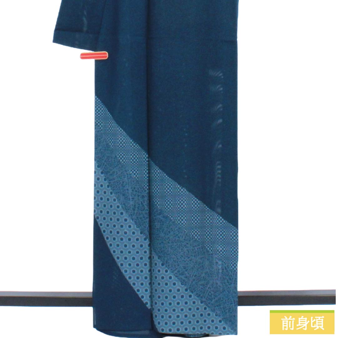 夏物 正絹 付下げ Aランク 身丈163.5cm 裄丈67.5cm 紺色(こんいろ) 型染 幾何学模様 健勝苑ガード 絽 紺系 1132005033418