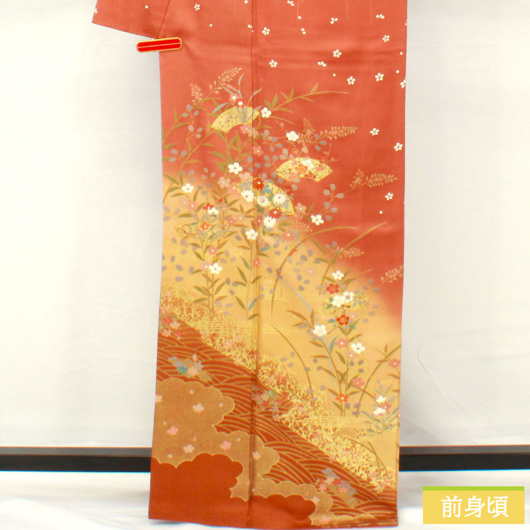 Homongi, pure silk, lined, length 165.5cm, sleeve length 64cm, faded scarlet, Kyoto Yuzen, floral pattern, fan surface, S rank, brown, 1112005512514