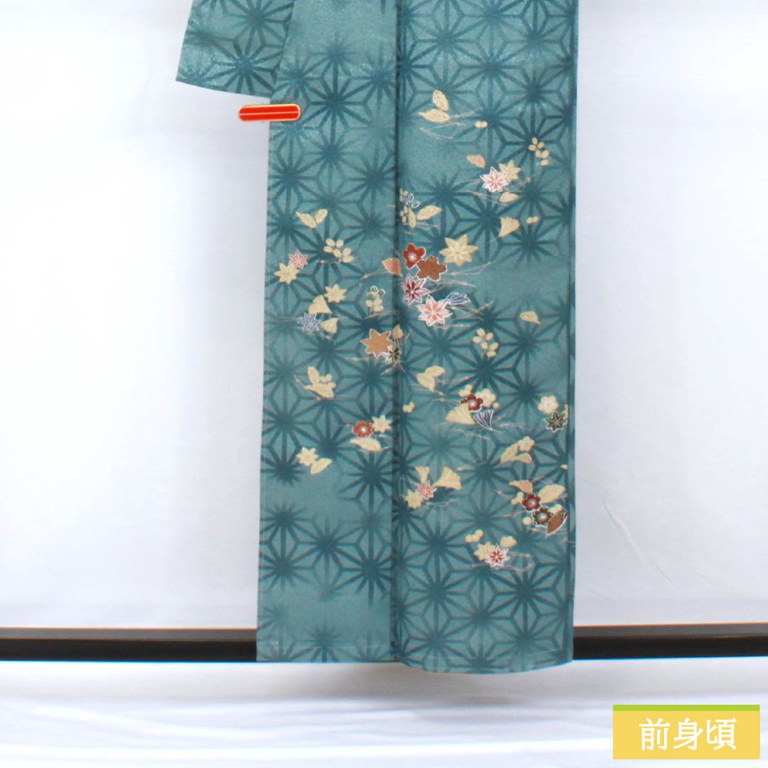 Homongi (formal kimono) made of polyester, lined, length 157cm, sleeve length 62cm, indigo brown, washable, hemp pattern, small pattern scattered, with basting thread, S rank, blue, 1112006052317