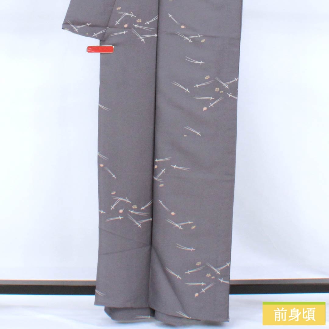 Polyester Komon, S-rank, Length 163cm, Sleeve-to-sleeve 65.5cm, Unlined, Nezumi-shino color (grayish brown), Katazome Pine, Bamboo and Plum, Washable Kimono, Gray tones, 1115007942422