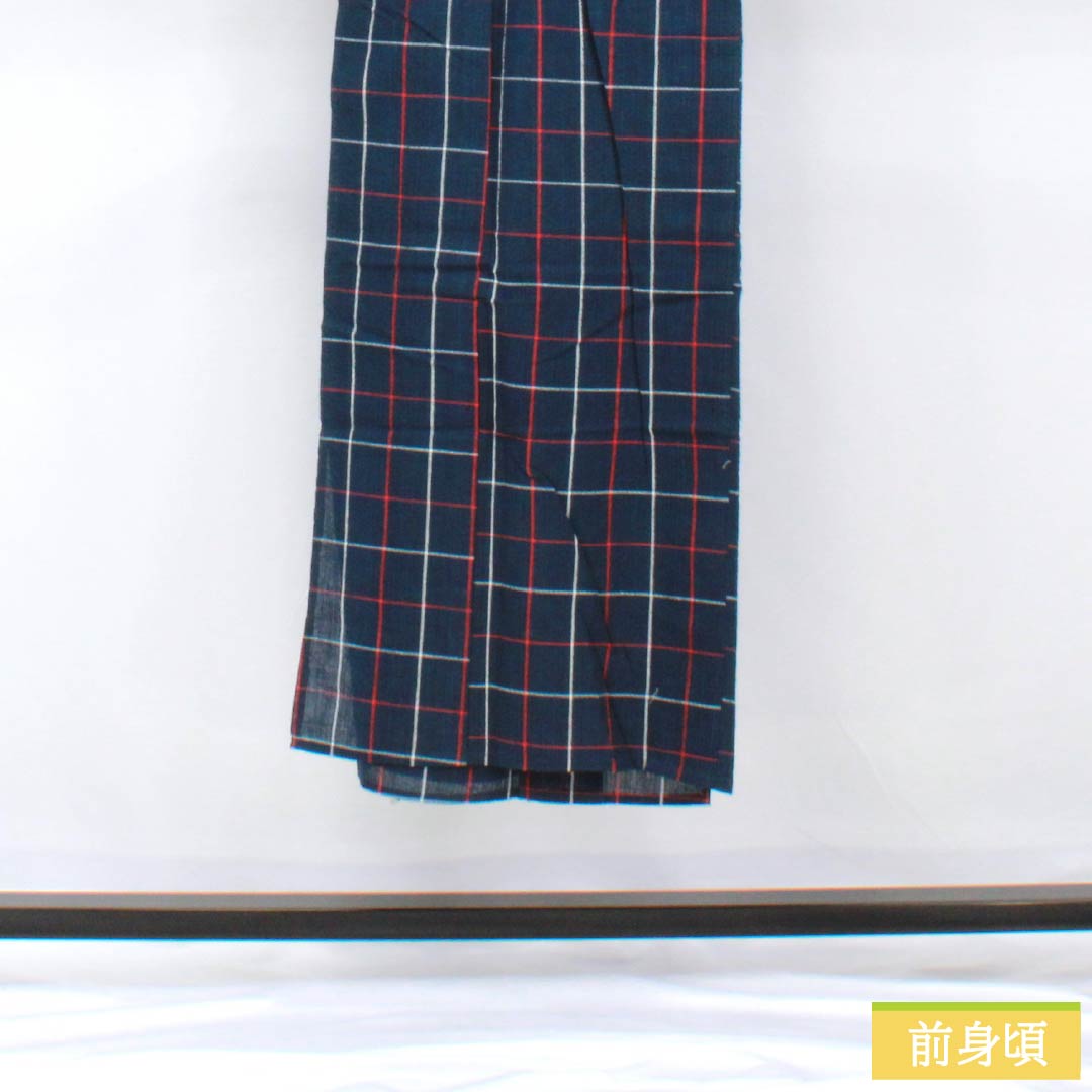 浴衣 木綿 身丈142cm 裄丈63cm Bランク 単衣 紺系 しじら織 紅白格子 1118005834118