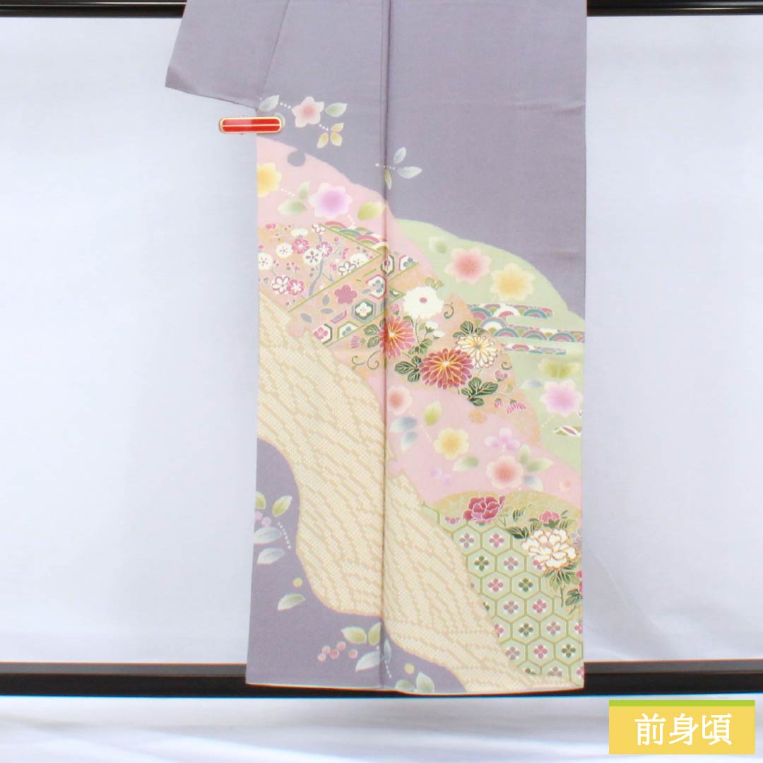 訪問着 正絹 Sランク 袷 身丈155cm 裄丈66cm 薄鼠色(うすねずいろ) 貴族鼠色(きぞくねずいろ) 京友禅 草花 グレー系 1112006312322