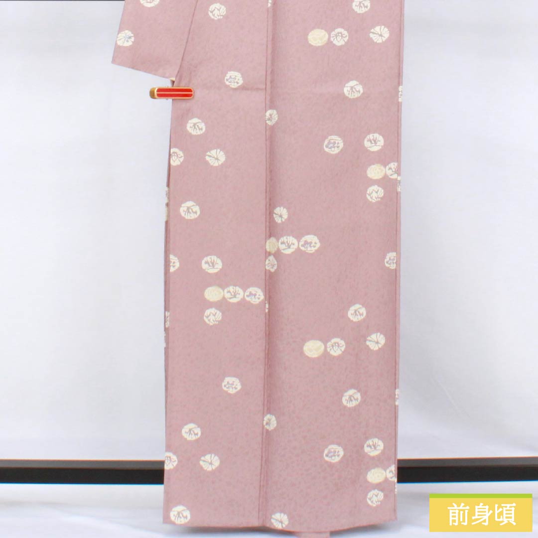 小紋 ポリエステル Sランク 身丈162cm 裄丈64.5cm 単衣 浪花鼠色(なにわねずいろ) 型染 丸 抽象模様 洗える着物 ピンク系 1115007972413