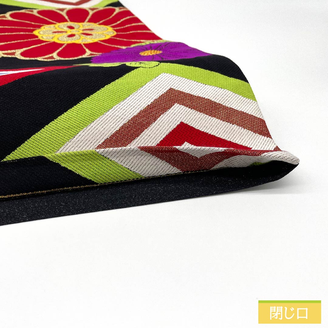 袋帯 正絹 黒色(くろいろ) 菱 菊花 帯丈440cm Aランク 六通 フォーマル 黒系 1123011633310