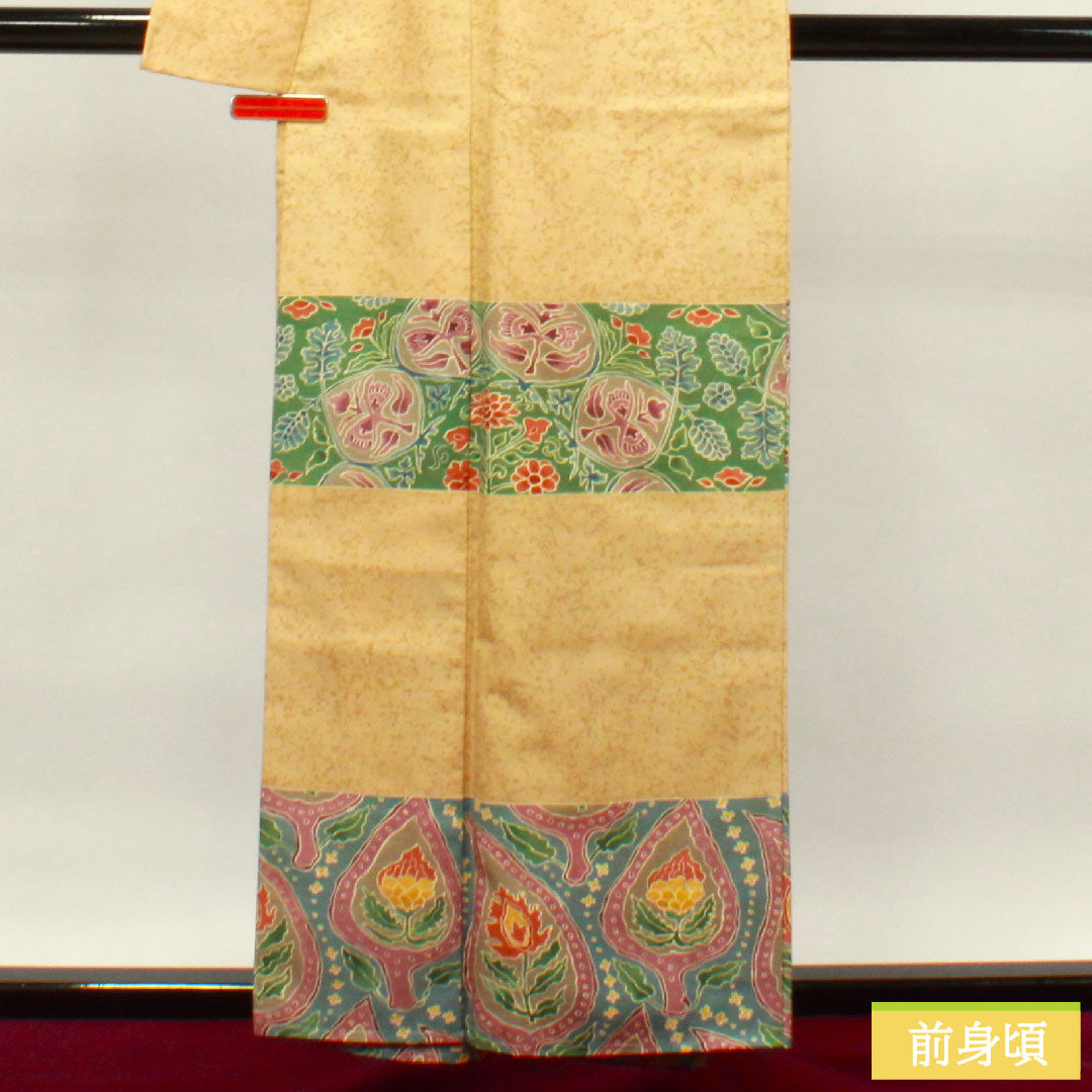 訪問着 正絹 袷 身丈158cm 裄丈65cm 胡桃色 紬地 更紗模様 しつけ糸付き Sランク 黄系 1112003322323