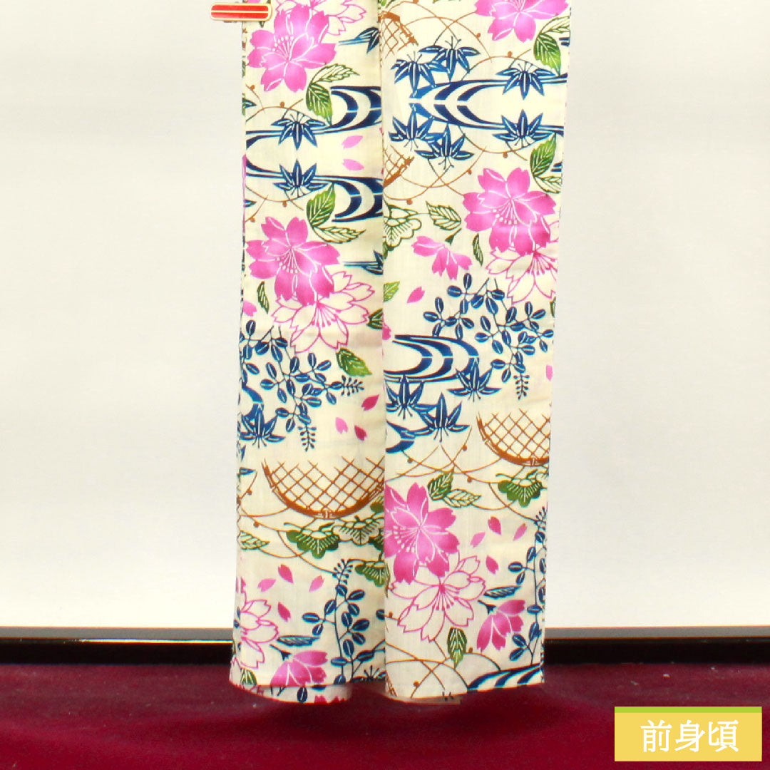 浴衣 綿麻 身丈159cm 裄丈66cm Sランク 単衣 白系 乳白色(にゅうはくしょく) 源氏物語 型染 桜 1118004782311
