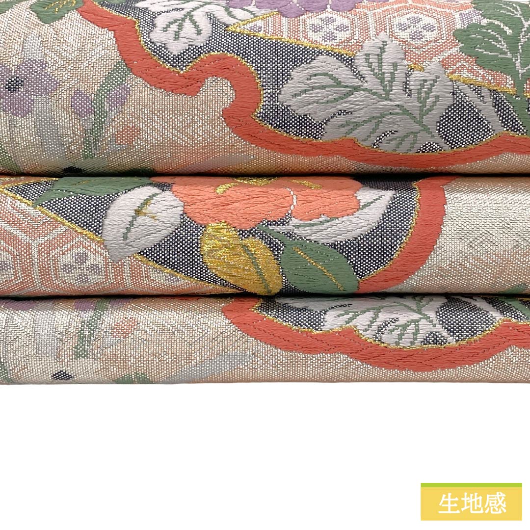 袋帯 正絹 Aランク 銀色(ぎんいろ) 唐織 佐賀錦 振袖用 雪輪 帯丈426cm 六通 フォーマル 銀系 1123018513322