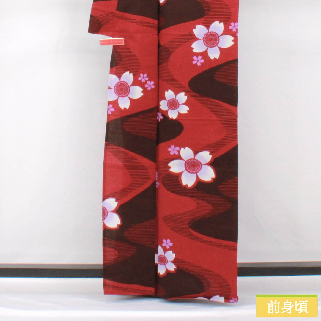 浴衣 木綿 身丈164cm 裄丈65cm Sランク 単衣 赤系 真紅色(しんくいろ) 流水 桜 1118005292412