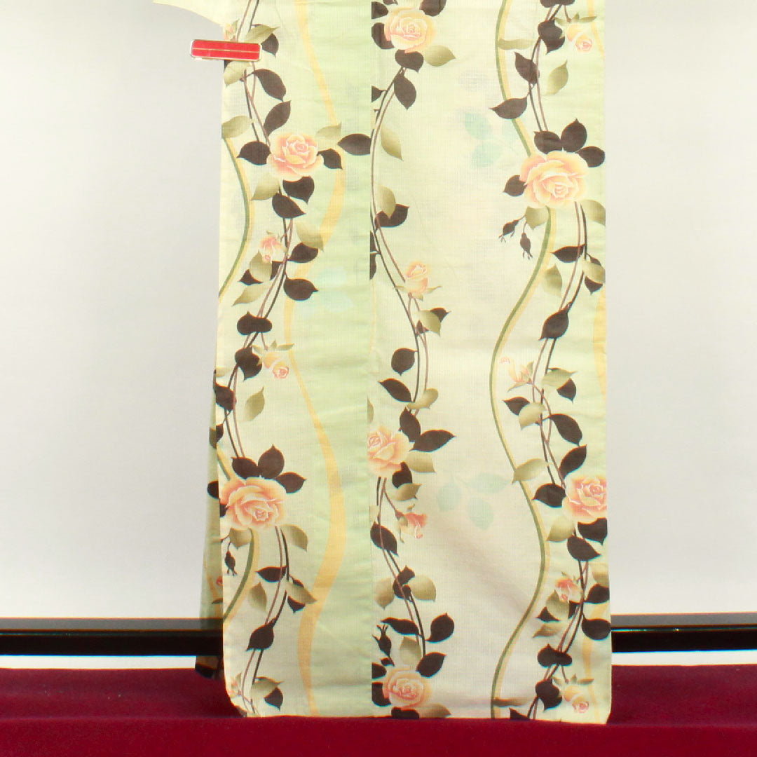 浴衣 薄緑色 乳白色 薔薇 木綿 Sランク 単衣 身丈165.5cm 裄丈67cm グラデーション系 1118000972599