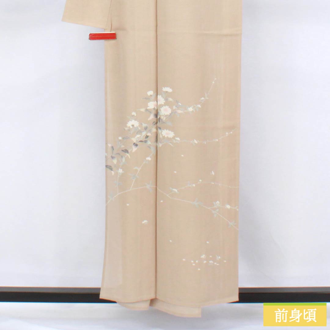 夏物 正絹 訪問着 身丈157cm 裄丈63cm 薄香色(うすこういろ) 草花模様 京友禅 絽 Sランク ベージュ系 1132002752325