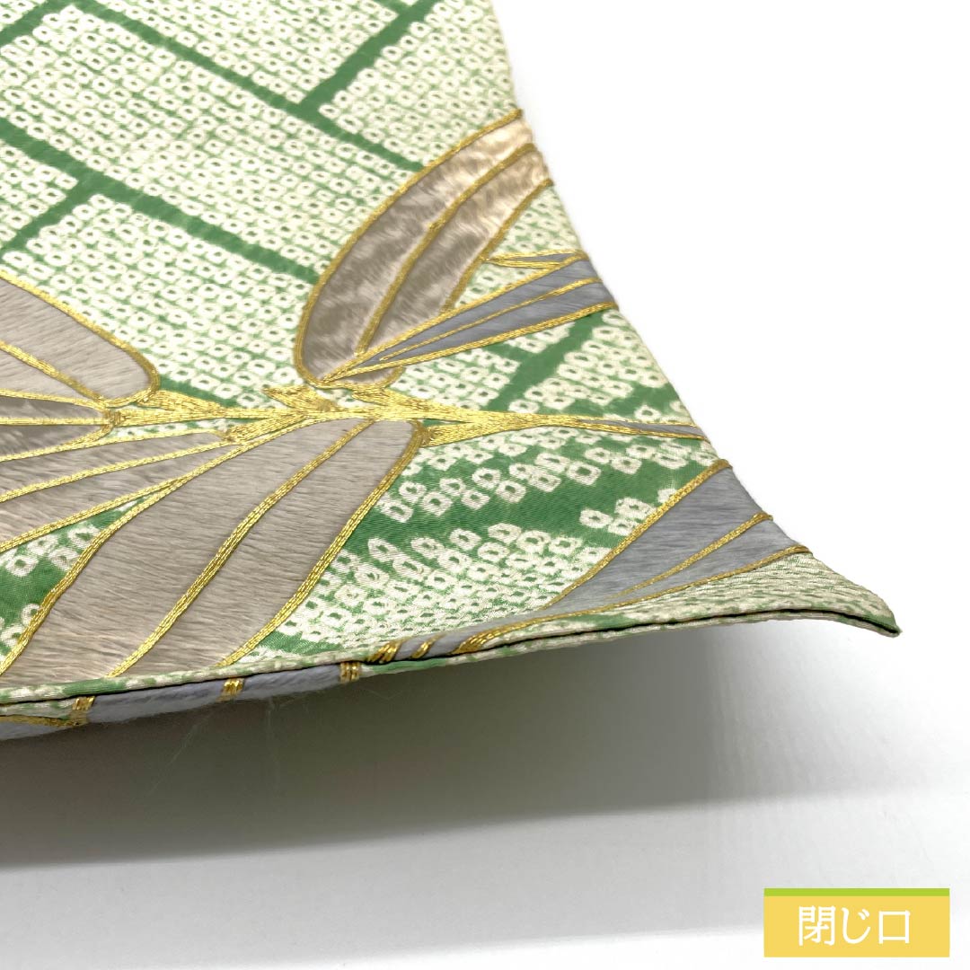 (丸帯)袋帯 正絹 琅玕色(ろうかんいろ) 絞り ビンテージ 刺繍 笹 帯丈404cm Bランク ポイント柄 セミフォーマル 緑系 1123014604319