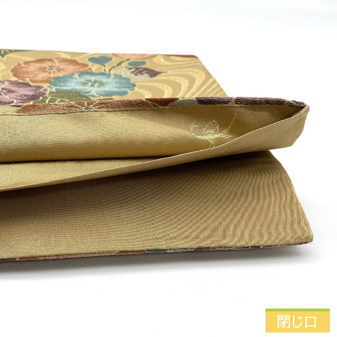 袋帯 正絹 山吹鼠色(やまぶきねずいろ) 紅葉 白綾苑大庭 古典柄 花柄 帯丈433cm Sランク 六通 フォーマル ベージュ系 1123011322325