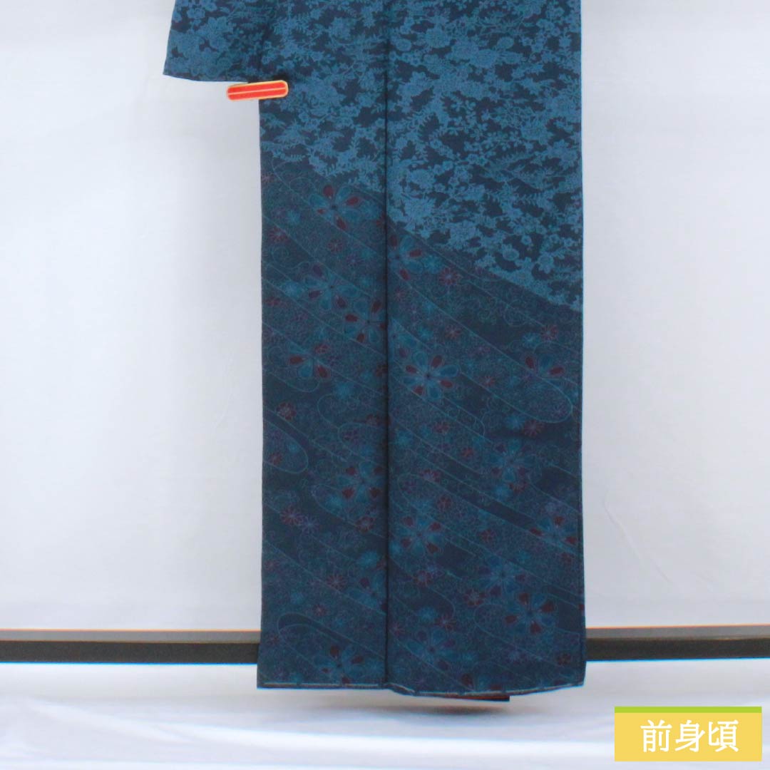 Homongi (formal kimono) made of pure silk, length 159cm, sleeve length 62cm, lined, dark navy blue, stencil-dyed, all-flower pattern, A rank, navy blue, 1115005403318
