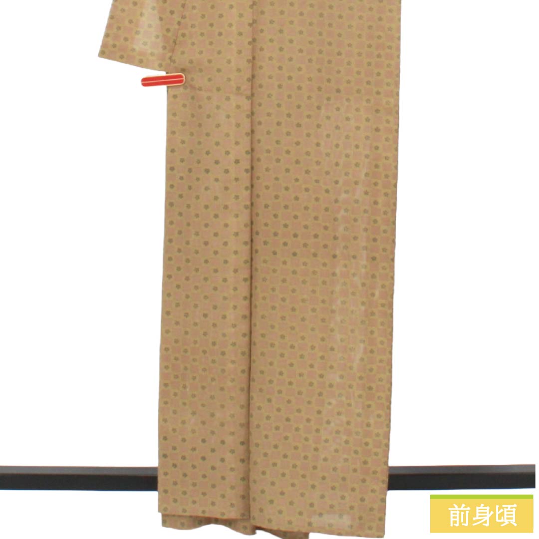 夏物 ポリエステル 小紋 Sランク 身丈163cm 裄丈63.5cm 翁茶色(おきなちゃいろ) 枯野色(かれのいろ) 市松 桜 絽 茶系 1132005122414