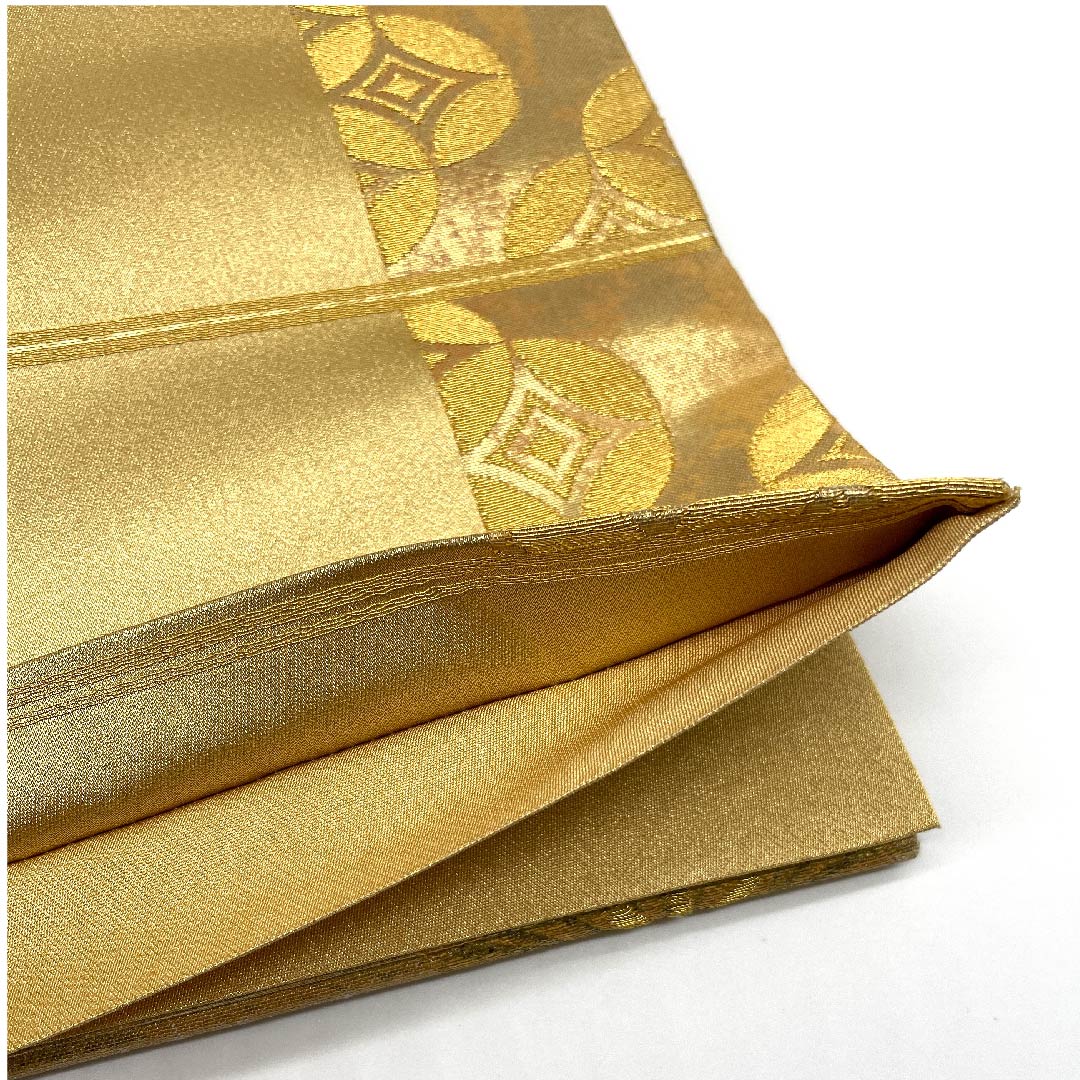 袋帯 金色 松葉 青海波 七宝 帯丈458cm 正絹 Aランク 六通 フォーマル 金系 1123005923421