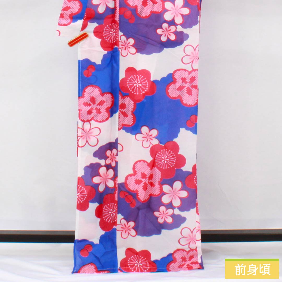 (新品未使用品) 浴衣 ポリエステル 身丈166cm 裄丈64cm NEWランク 単衣 白系 白色(しろいろ) 梅 雲どり 1118005681511