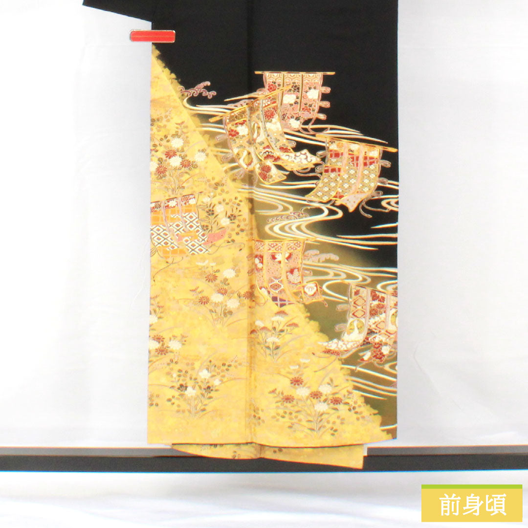 Black formal kimono, pure silk, length 150cm, sleeve length 64cm, lined, Kyoto yuzen, folding screen, flowing water, five crests, five-three paulownia, S rank, black, 1111001742110