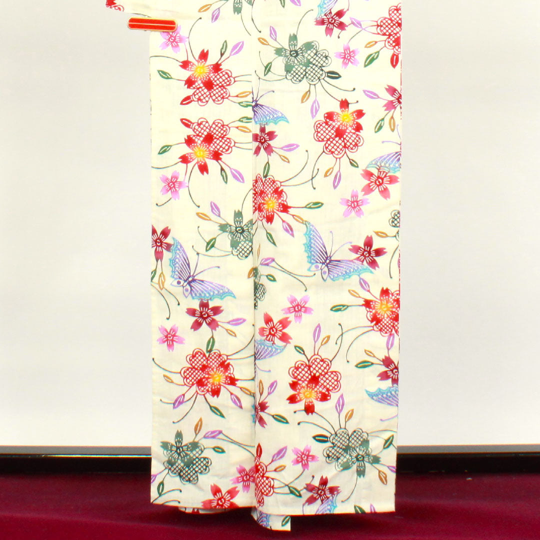 浴衣 しつけ糸付き 未使用品 乳白色 型染 綿麻 Sランク 単衣 身丈162cm 裄丈66cm クリーム系 1118002022415