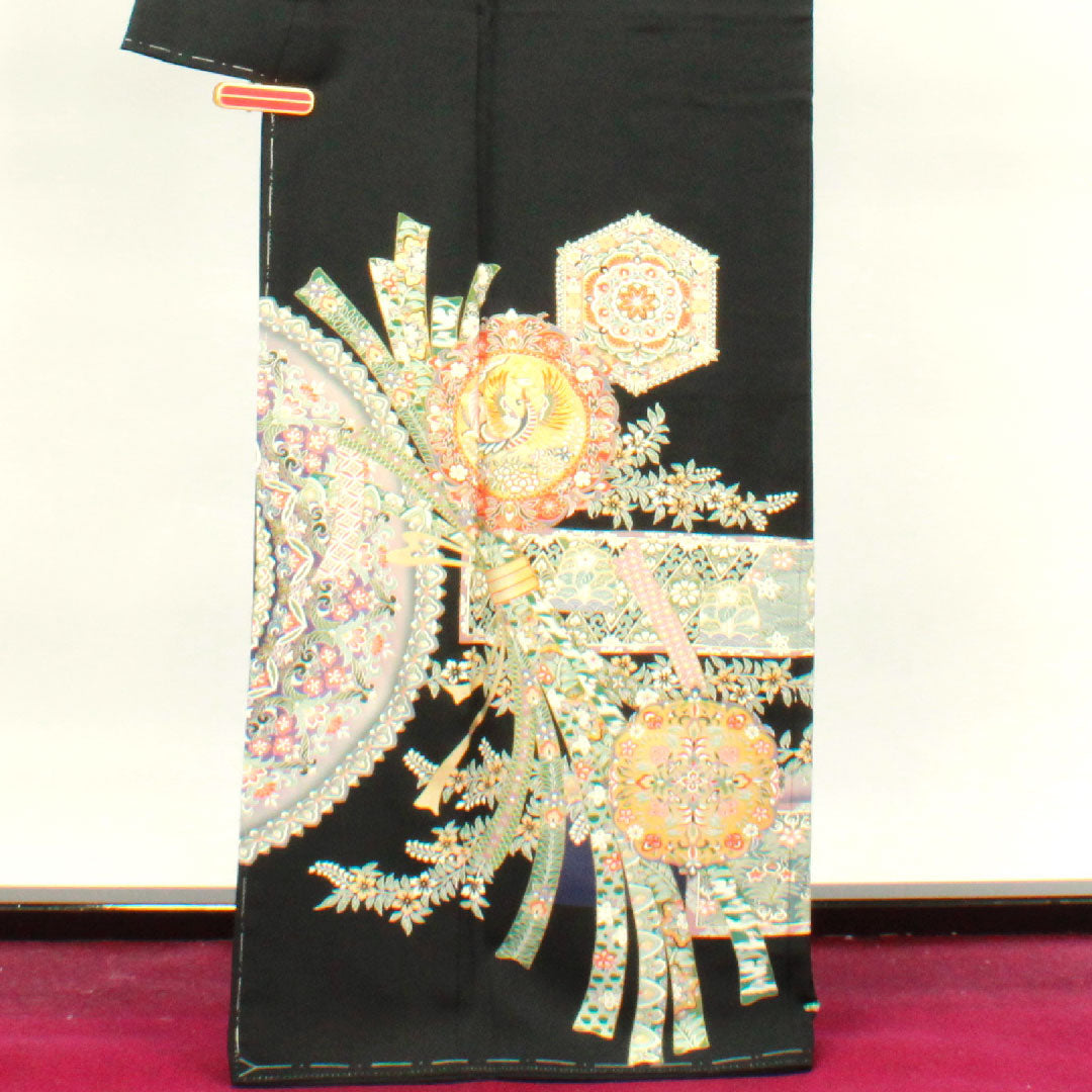 黒留袖 身丈166cm 裄丈65.5cm 袷 しつけ糸付き 未使用品 京友禅 華文 束ね熨斗 垂れ蔦 正絹 Sランク 五つ紋 黒系 1111001082510