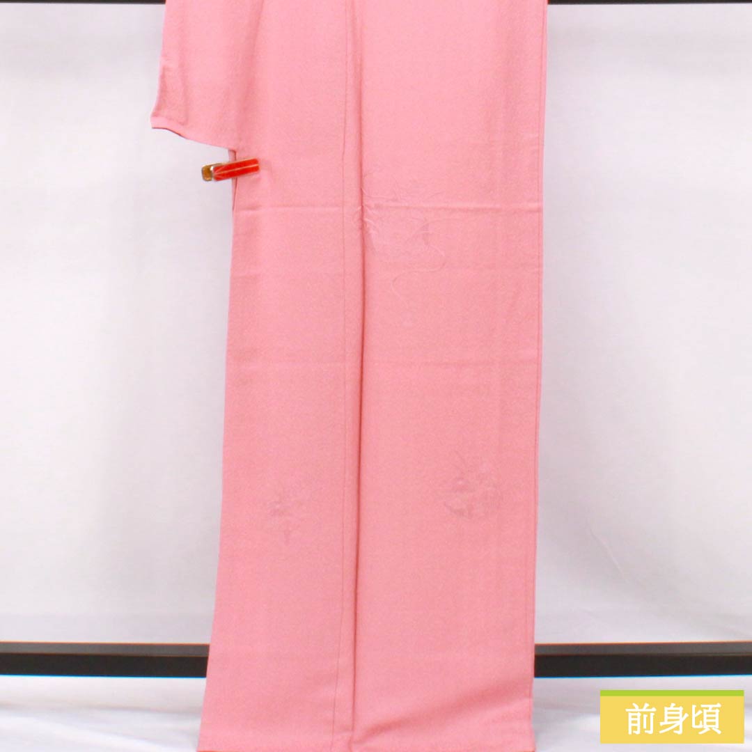 Solid color kimono (iromuji) made of pure silk, S rank, length 168cm, sleeve length 70cm, pink (momoiro) color, plain tsukesage (tsukesage) with Shantou embroidery and mirror pattern, lined, pink, product number 1114002412513