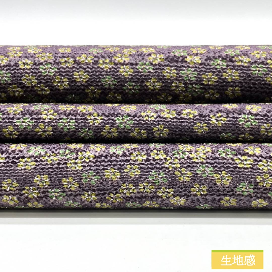 名古屋帯 滅紫色(けしむらさきいろ) 染め帯 ちりめん地 小花模様 帯丈354cm 正絹 Sランク 全通 カジュアル 紫系 1124008142320 開き仕立て