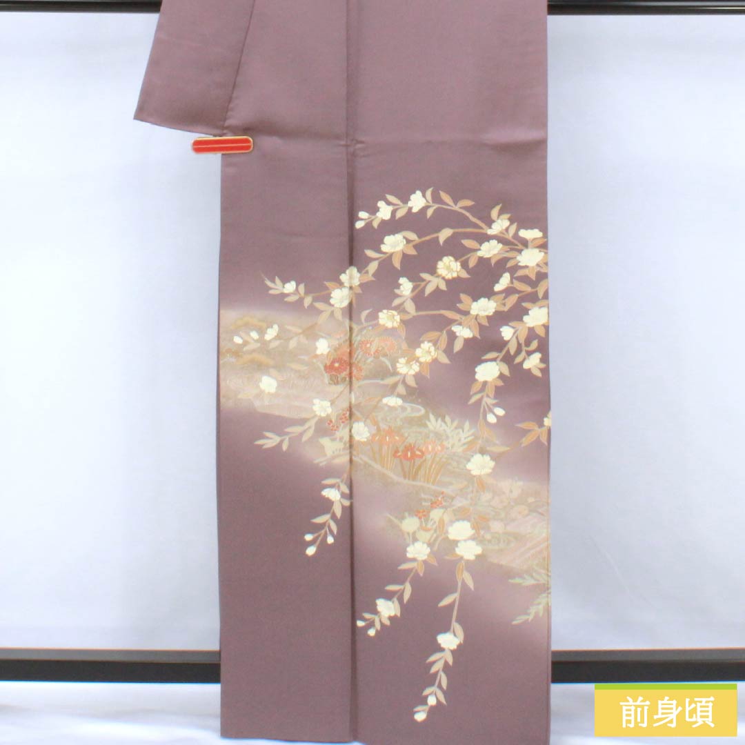 訪問着 正絹 Bランク 袷 身丈164cm 裄丈64.5cm 紅掛鼠色(べにかけねずいろ) 京友禅 一つ紋 草木 紫系 1112007044420