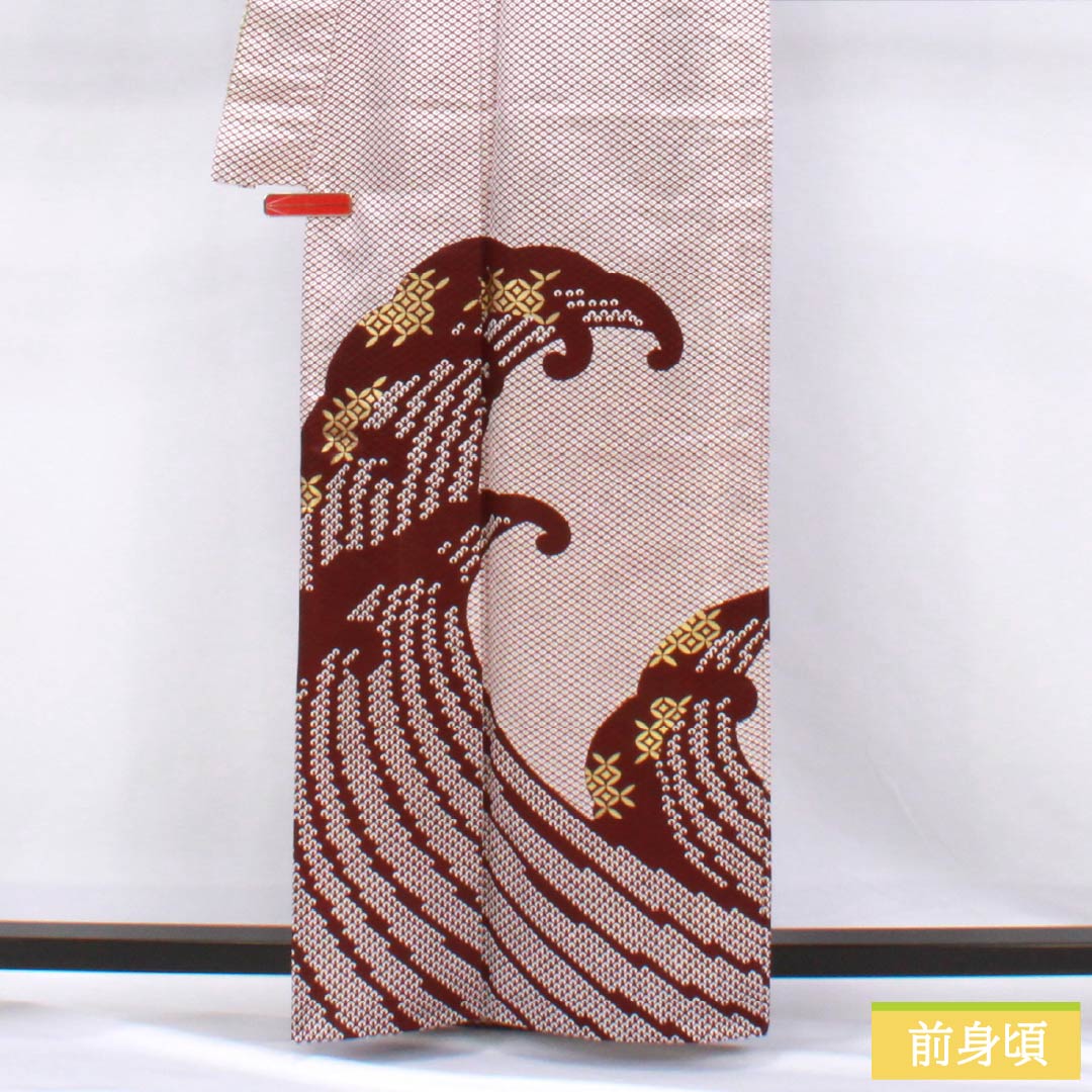 訪問着 ポリエステル Aランク 単衣 身丈162cm 裄丈66.5cm 木蘭色(もくらんじき) 波 七宝 半衿付き 洗える着物 赤系 1112006963412