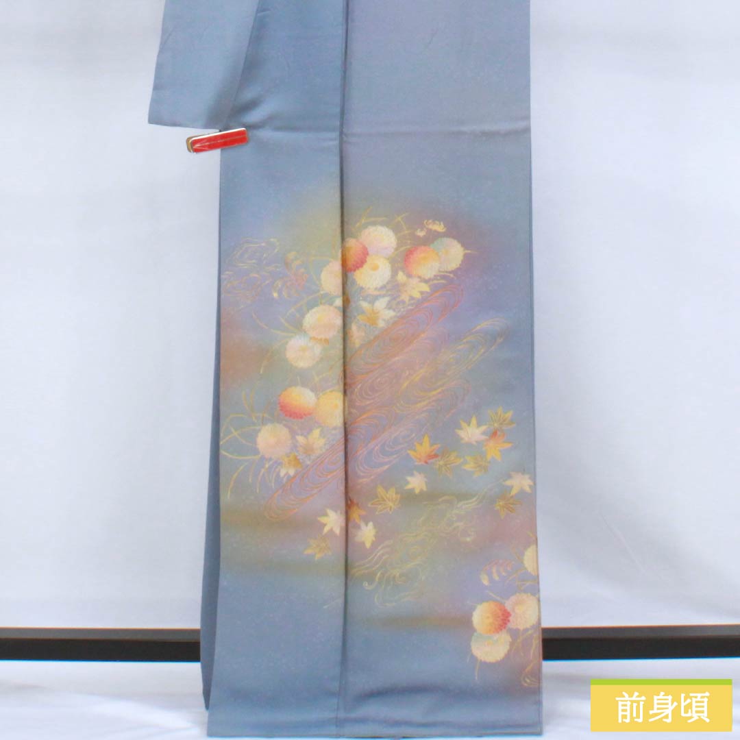 Homongi Silk B-Rank Awase (lined kimono) Length 164.5cm, Sleeve-to-sleeve 64cm Forget-me-not color. Tsukesage by Kosei Wada, Gold-embossed Yuzen, Flowing Water and Plants, Blue system. 1112007784417