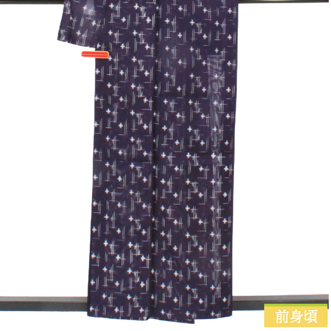 夏物 ポリエステル 小紋 Sランク 身丈158.5cm 裄丈62.5cm 緋紺色(ひこんいろ) 洗える着物 絣模様 絽 紫系 1132007182320