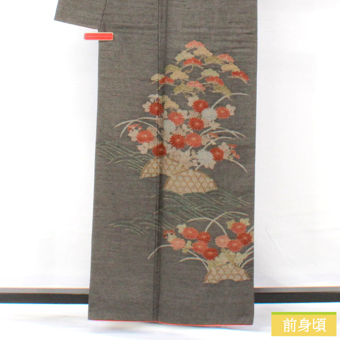 Homongi (formal kimono) made of pure silk, lined, length 160.5cm, sleeve length 63.5cm, Noshime-iro (wrapping color), pongee fabric, floral pattern, S rank, gray, 1112005442422