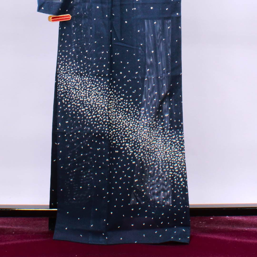 夏物 ポリエステル 訪問着 身丈166.5cm 裄丈66.5cm 韓藍色(からあいいろ)幾何学模様 絽 Aランク 紺系 1132000073518