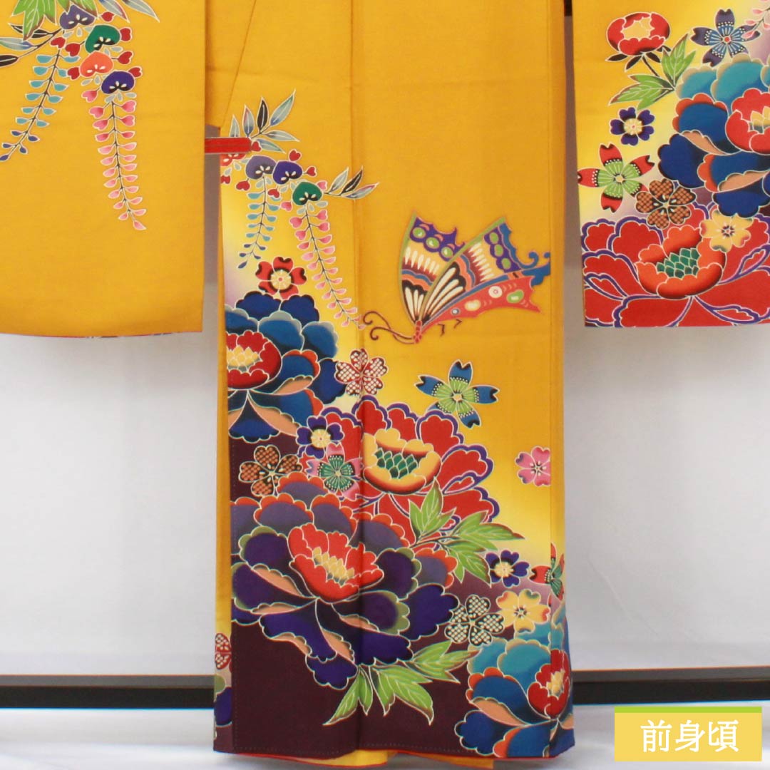 振袖 正絹 Aランク 身丈161.5cm 裄丈66cm 袷 山吹色(やまぶきいろ) 京紅型 宮崎染工 作家物 吉祥文様 牡丹 黄系 1113002513423