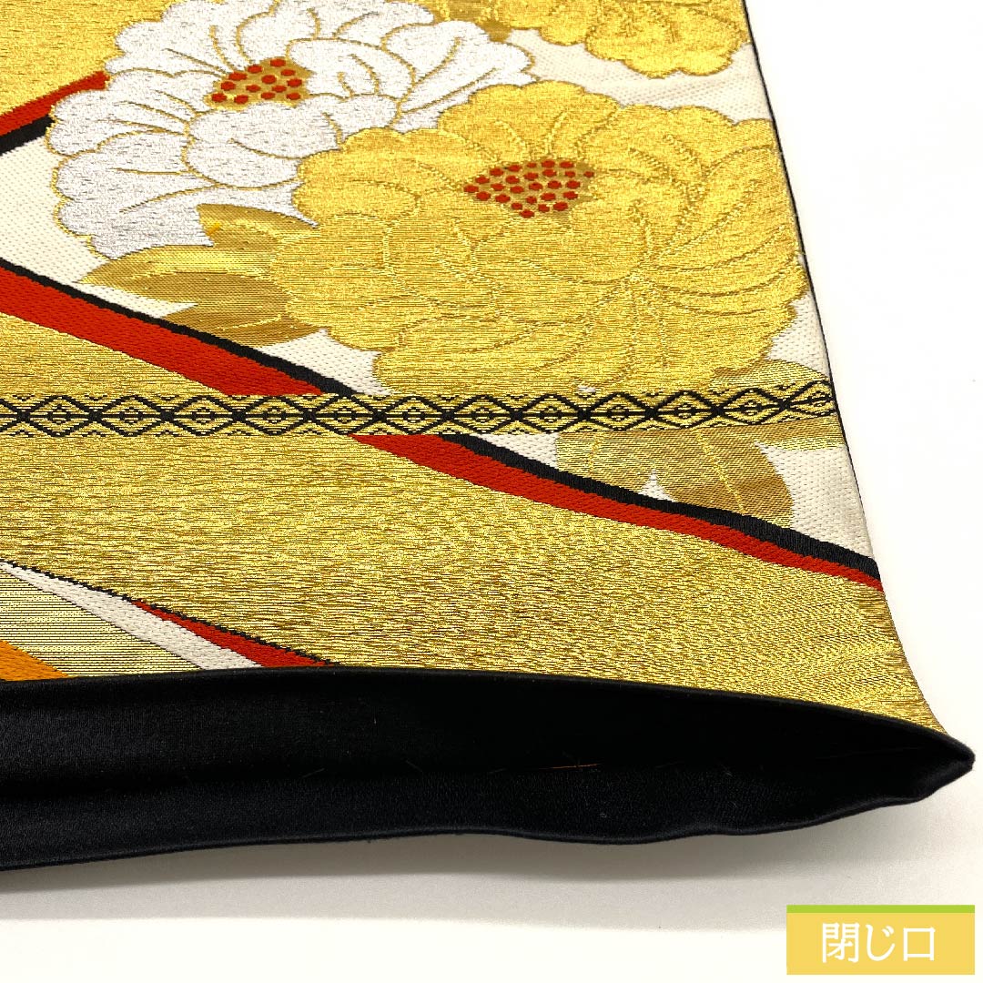 袋帯 黒色 牡丹 菊 菱 帯丈408cm 正絹 Sランク 六通 フォーマル 黒系 1123010212310
