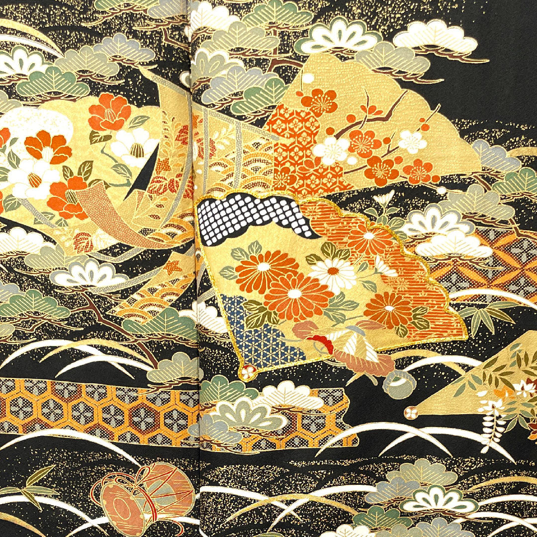 黒留袖 身丈164cm 裄丈62.5cm 袷 京友禅 吉祥文様 丸に三つ巴 正絹 Sランク 五つ紋 黒系 1111000592410