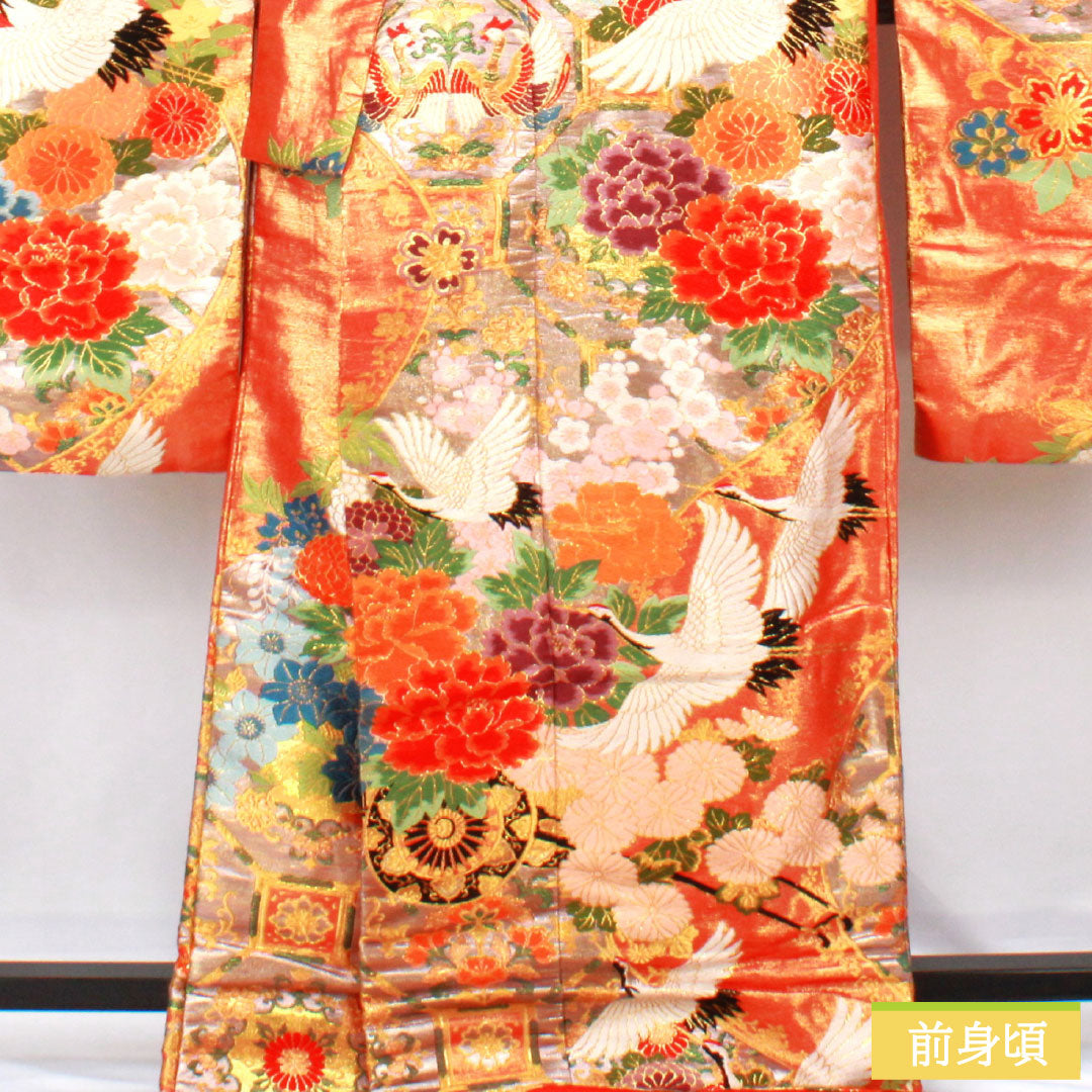 色打掛 正絹 Bランク 身丈195cm 裄丈69cm 唐織 鶴 鳳凰 花車 華文 袷 朱系 1110001034916