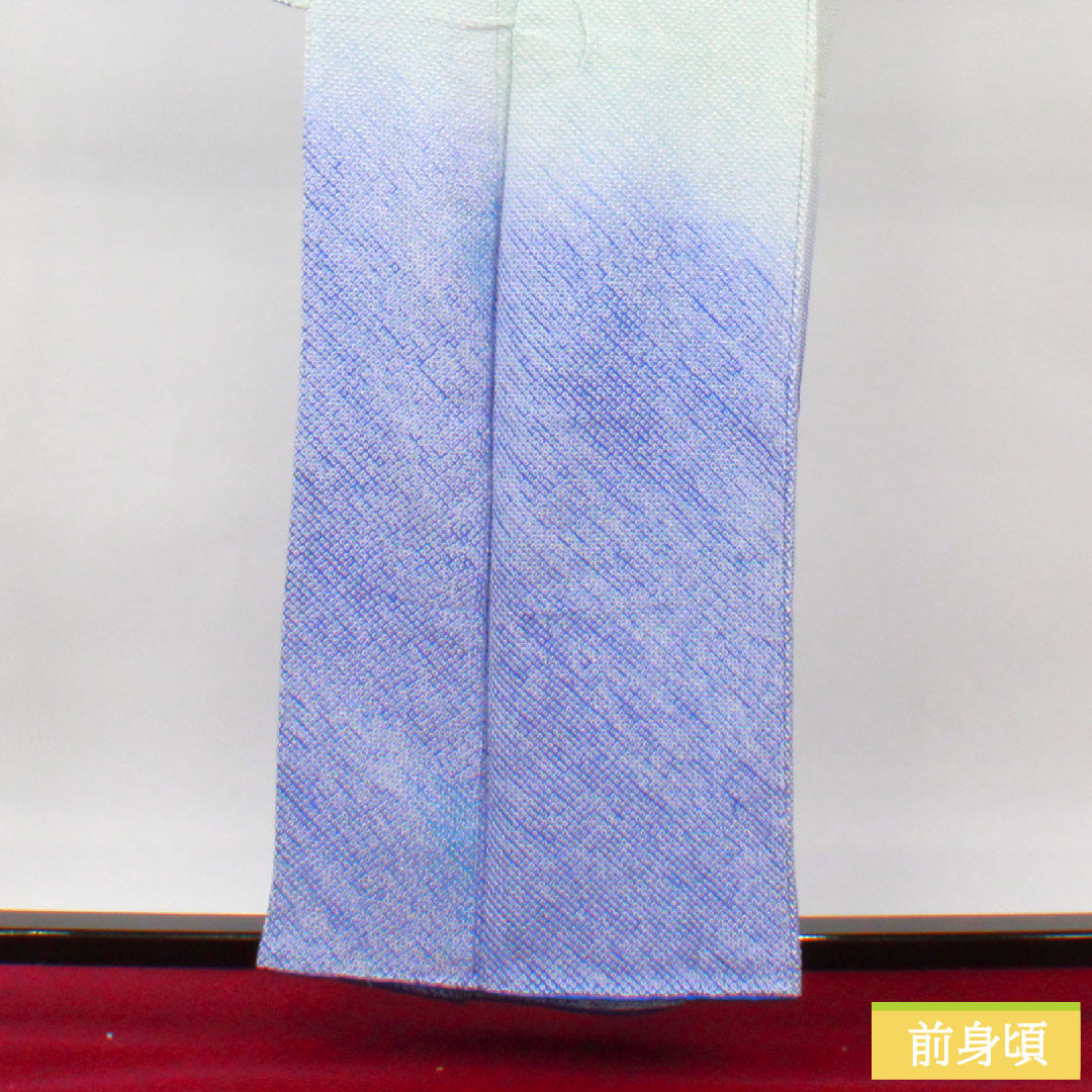 訪問着 正絹 袷 身丈159.5cm 裄丈64cm 藍白色(あいじろいろ) 総絞り 重ね衿付き Bランク 水色系 1112004824324
