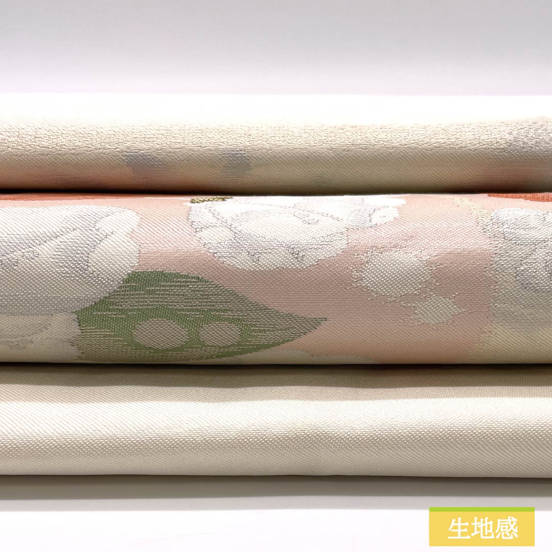 Nagoya Obi, Milky White (Nyuhakushokuiro) Design, Chinese Flowers, Chrysanthemums, and Peony, 350cm Long, Pure Silk, Grade A, Pointed Pattern, Semi-Formal, Cream, Item Number: 1124008453315, Nagoya Style