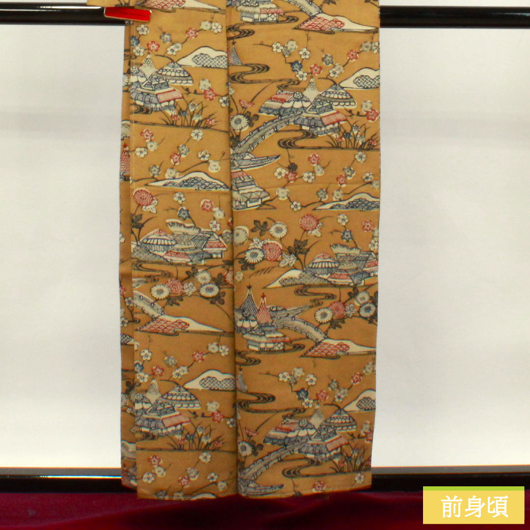 小紋 正絹 身丈154.5cm 裄丈67cm 袷 猟虎色 京紅型 茶屋辻 しつけ糸付き Sランク 茶系 1115003702214