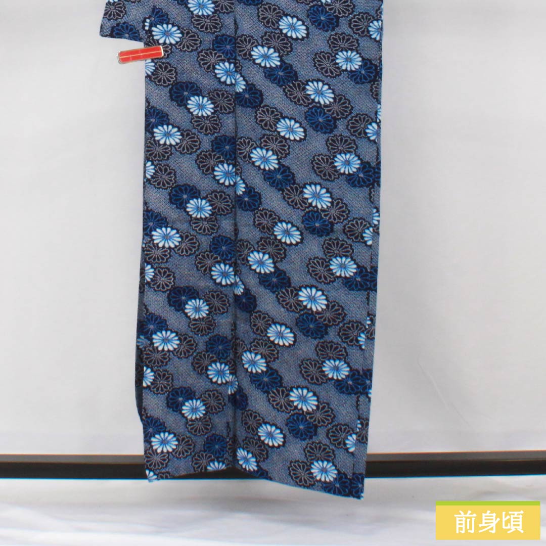 浴衣 木綿 身丈157cm 裄丈65cm Aランク 単衣 紺系 褐色(かちいろ) 菊 リップル 1118006473318