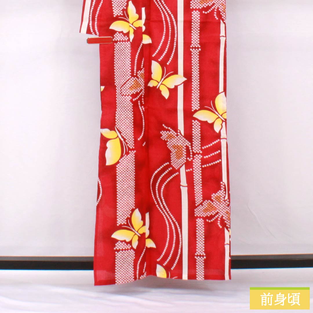 Yukata Cotton Length 160cm Sleeve length 64cm S rank Single layer Red Crimson Butterfly Bamboo 1118005532412
