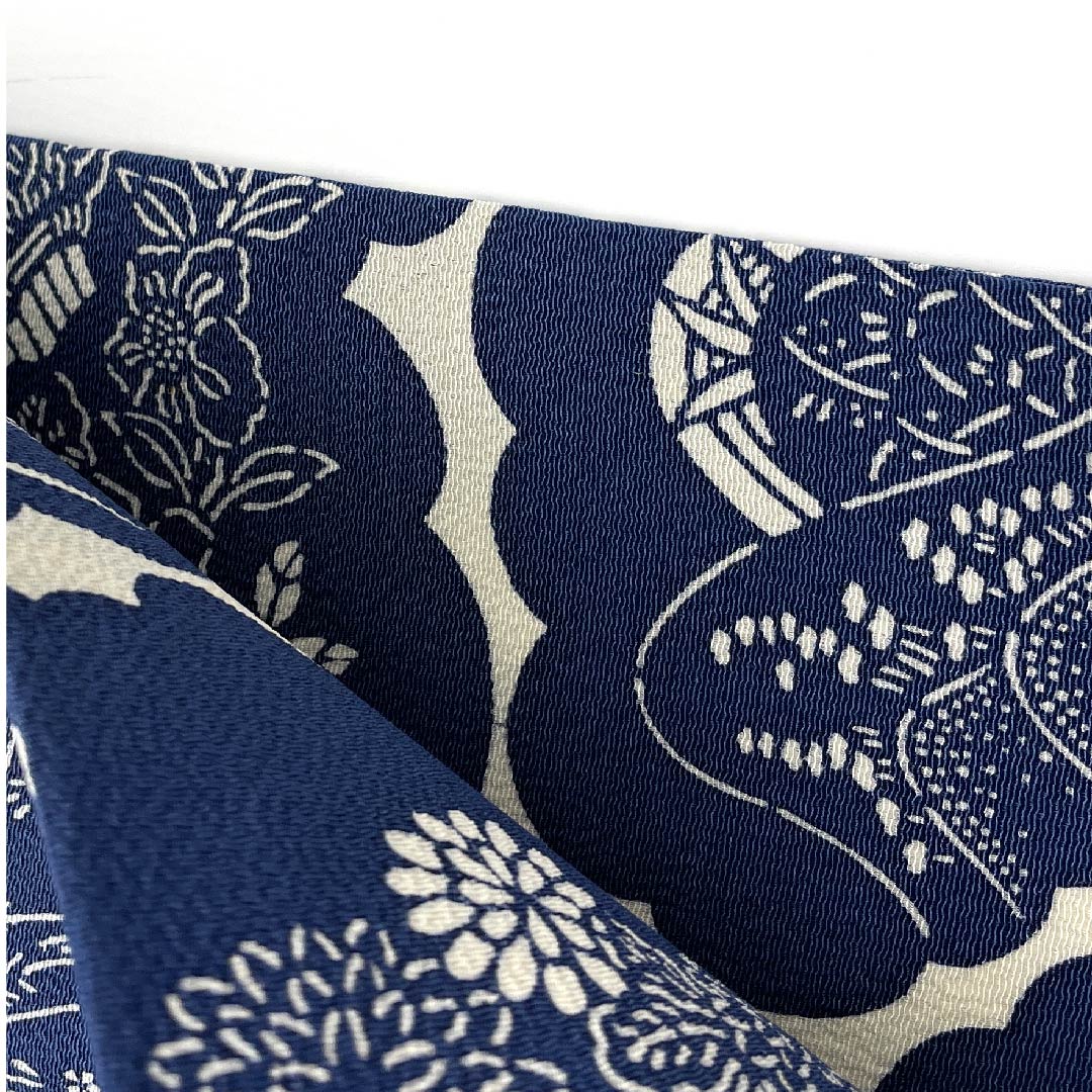 名古屋帯 韓藍色 草花模様 ちりめん地 帯丈337cm 正絹 Bランク ポイント柄 カジュアル 青系 1124004522317 名古屋仕立て