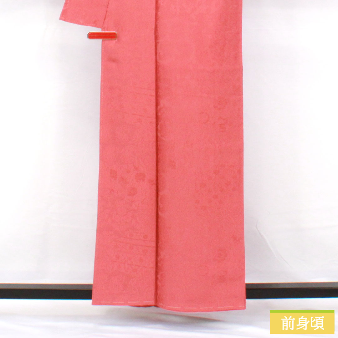 色無地 正絹 身丈157.5cm 裄丈63cm 桃紅色(とうこうしょく)綸子 一つ紋 蔓柏 袷 Aランク ピンク系 1114002003313